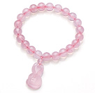 Vakker Round rosenkvarts perler elastisk armbånd med Fox anheng 