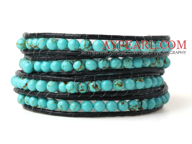 Nice Multilayer 4mm Blue Turquoise Hand Knotted Black Leather Wrap Bracelet