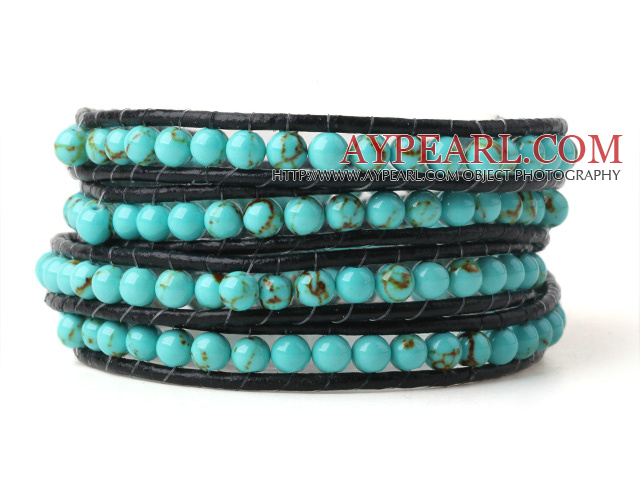 Nizza Multilayer 4mm Blau Türkis handgeknüpfte Schwarz Leder Wickelarmband