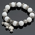 Charming 12mm Round White Porcelain Stone Beaded Bracelet With Tibet Silver Fish Ball Lucky Bag Charm Accessories