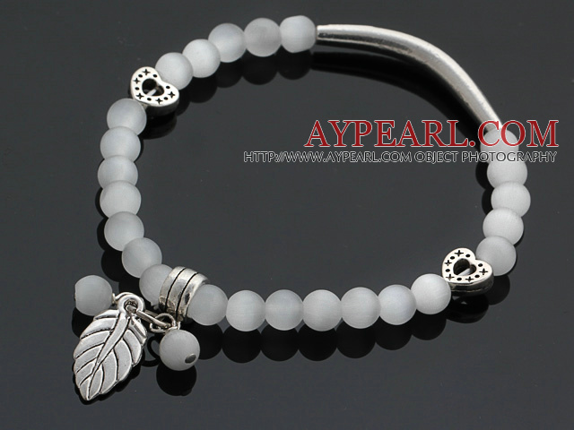 Beautiful Round Gray Cats Eye And Tibet Silver Tube Heart Leaf Charm Beaded Bracelet