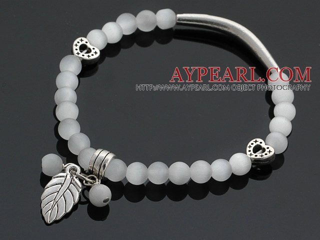 Vakker Round Gray Cats Eye Og Tibet Silver Tube Hjerte Leaf Charm Beaded armbånd