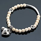 Trevlig runda Vit Turkos och Tibet Silver Tube Heart Tur Bag Charm Beaded Bracelet