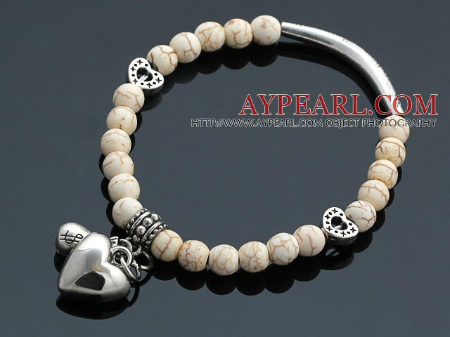 Nice Round White Turquoise And Tibet Silver Tube Heart Lucky Bag Charm Beaded Bracelet