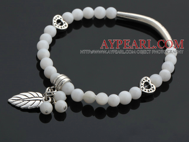 Fashion Round White Shell And Tibet Silver Tube Heart Leaf Charm Beaded Bracelet