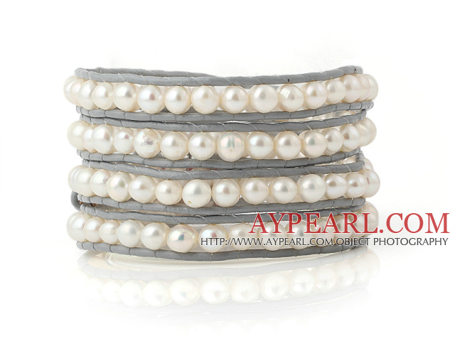 Fashion Multilayer Natural 5-6mm White Freshwater Pearl Hand-Knotted Gray Leather Wrap Bracelet