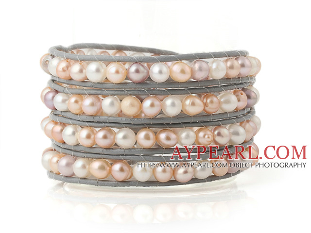 Mode Multilayer Natural 5 - 6mm Vit Rosa Lila sötvattenspärla handknuten Gray Leather Wrap Bracelet