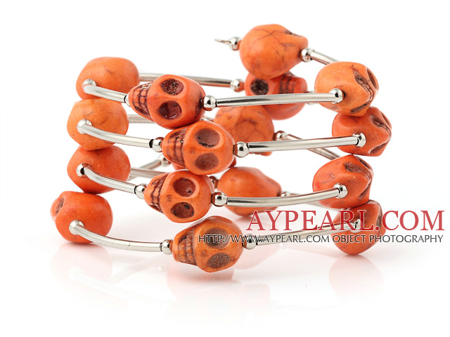 Nice Multilayer Orange Skull Turquoise Wired Wrap Bangle Bracelet