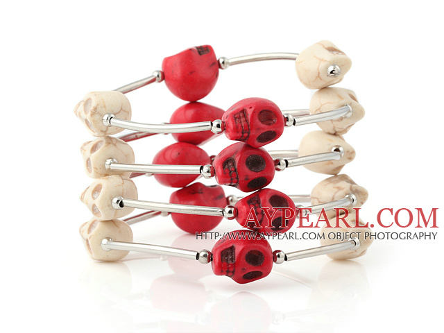 Charmig Multilayer Vit och Red Skull Turkos Wired Wrap Bangle Armband