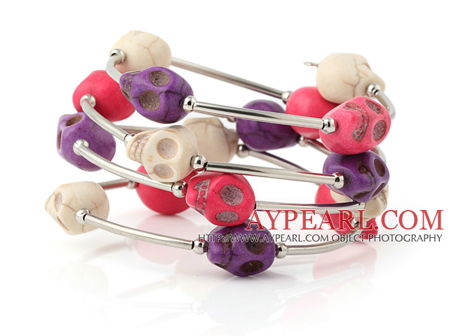 Beautiful Multilayer White Red And Purple Skull Turquoise Wired Wrap Bangle Bracelet