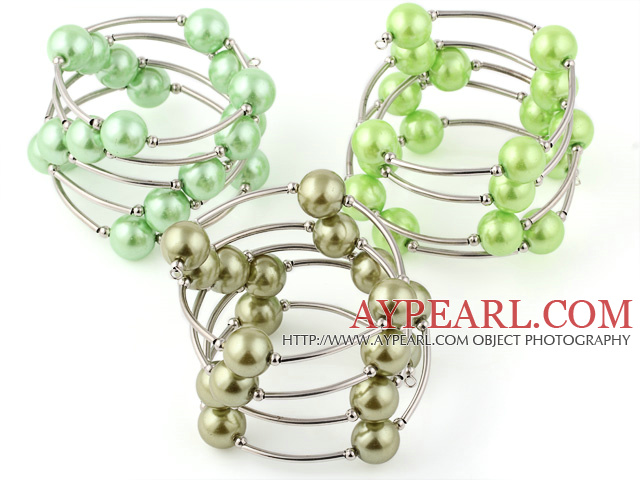 Fashion 3 Pcs 12mm Green Series Round Seashell Beads Wired Wrap Bangle Bracelet