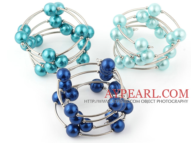 Fashion 3 Pcs 12mm Blue Series Round Seashell Beads Wired Wrap Bangle Bracelet