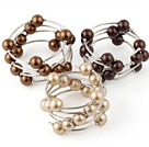 Mode 3 pièces 12mm Brown Round Series Seashell perles Wired Wrap Bracelet jonc