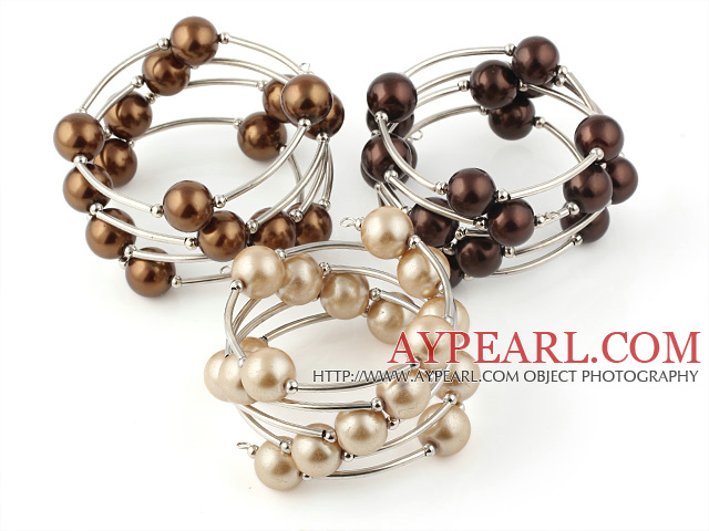 Fashion 3 Pcs 12mm Brown Series Round Seashell Beads Wired Wrap Bangle Bracelet