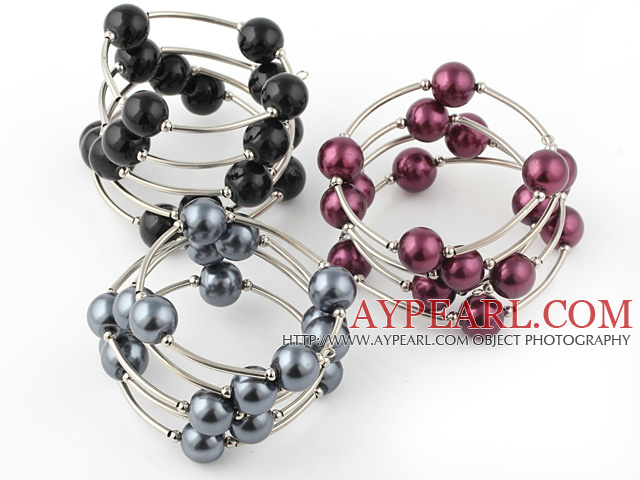 Mode 3 pièces 12mm Rouge Et Noir rond de coquillage perles Wired Wrap Bracelet jonc