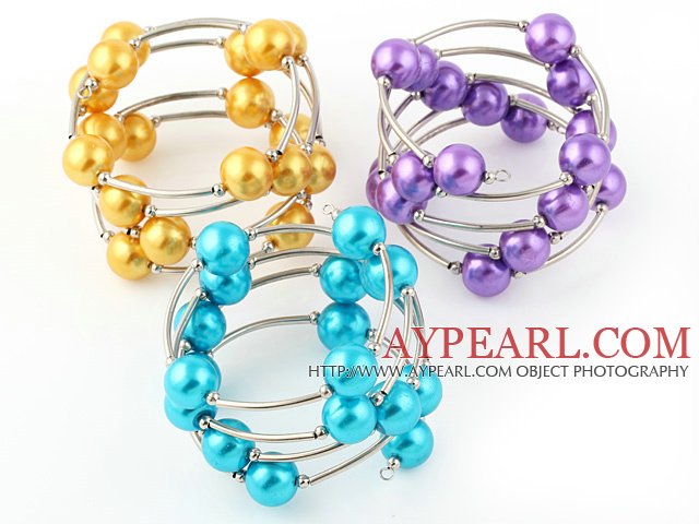 Mode 3 pièces 12mm d'or pourpre et bleu rond de coquillage perles Wired Wrap Bracelet jonc