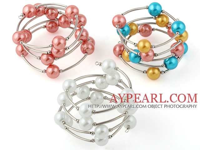 Fashion 3 stk 12mm Multi Color Round Seashell Perler Wired Wrap Bangle Bracelet
