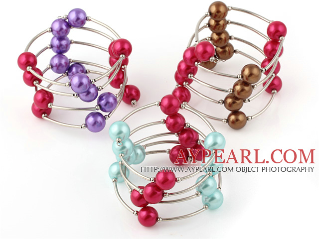 Fashion 3 Pcs 12mm Multi Color Round Seashell Beads Wired Wrap Bangle Bracelet