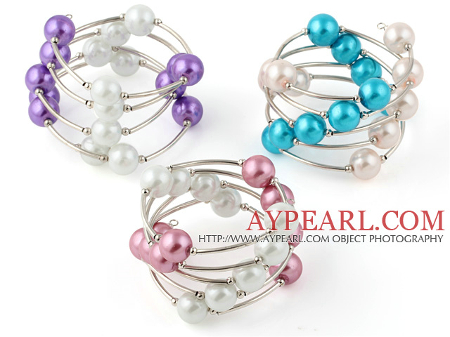 Beautiful 3 Pcs 12mm Multi Color Round Seashell Beads Wired Wrap Bangle Bracelet