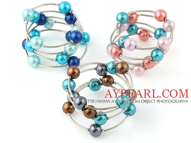 Beautiful 3 Pcs 12mm Multi Color Round Seashell Beads Wired Wrap Bangle Bracelet