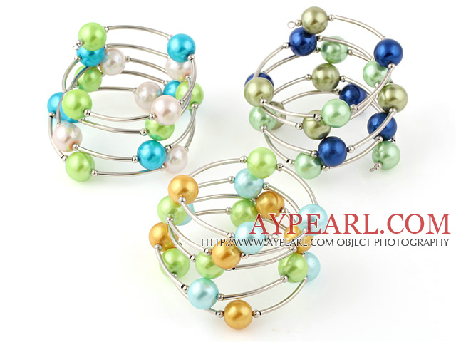 Pretty 3 Pcs 12mm Multi Color Round Seashell Beads Wired Wrap Bangle Bracelet