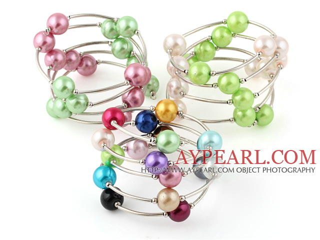 Jolie 3 PCs 12mm multi Rond Couleur Seashell perles Wired Wrap Bracelet jonc