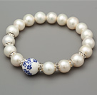 Elegant A Grade Natural White Freshwater Pearl And Carved Flower Porcelain Ball Bracelet With Rhinestone Charm