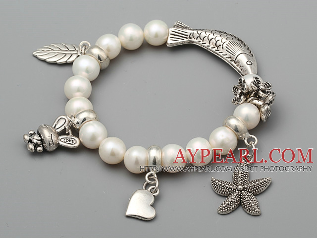 Fashion 8.5-9mm A Grade Natural White Freshwater Pearl Beads Bracelet With Fish Leaf Starfish Charm Accessories
