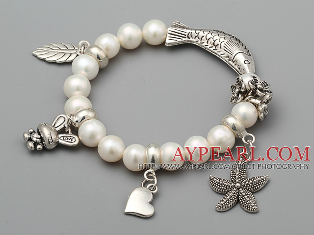 Mote 8.5 - 9mm En Grade Natural White Ferskvann Pearl perler armbånd med Fish Leaf Starfish Charm Tilbehør