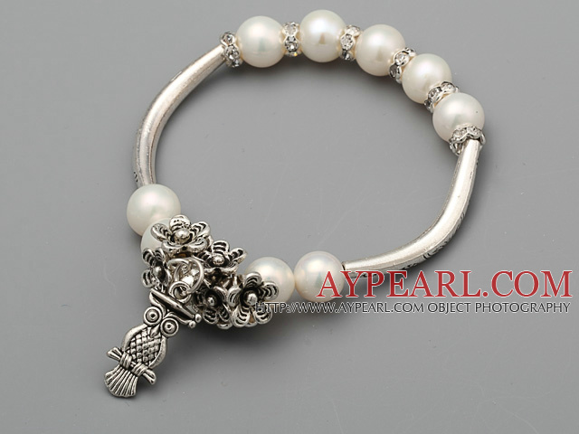 Mode 8.5 -9mm A Grade Naturel Blanc perle d'eau douce bracelet de Rhinestone avec le tube de fleur de hibou accessoires de charme