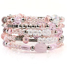 Fashion Multilayer Pink Freshwater Pearl And Double Color Crystal Wired Wrap Bangle Bracelet With Silver Round Beads