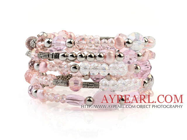 Fashion Multilayer Pink Freshwater Pearl And Double Color Crystal Wired Wrap Bangle Bracelet With Silver Round Beads
