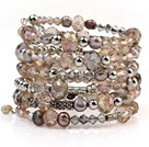 Mode Multilayer Blister Sötvatten Pearl och Multi Color Crystal Wired Wrap Bangle Armband med Silver pärlor färg runt