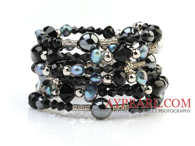 Fashion Multilayer Black Blister Pearl And Multi Color Crystal Wired Wrap Bangle Bracelet With Silver Color Round Beads