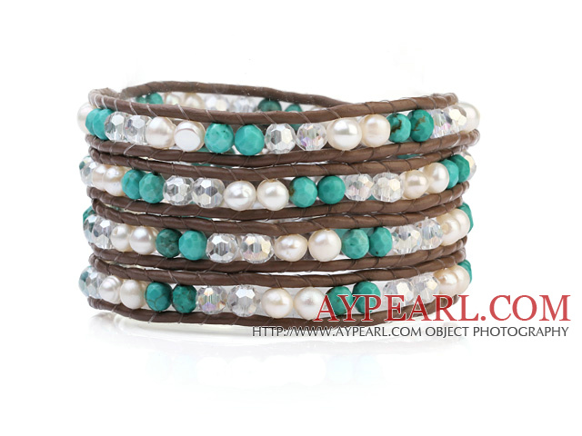 Fashion Multilayer 4mm Blue Turquoise White Freshwater Pearl And White Crystal Brown Leather Wrap Bracelet
