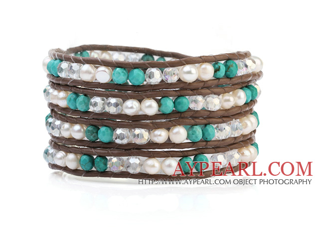 Fashion Multilayer 4mm blå turkis hvit ferskvannsperle And White Crystal Brown Leather Wrap Bracelet