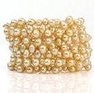 Fashion Multilayer 5-6mm Natural Golden Freshwater Pearl Wired Wrap Beaded Bangle Bracelet