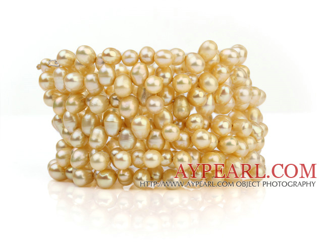 Fashion Multilayer 5-6mm Natural Golden Freshwater Pearl Wired Wrap Beaded Bangle Bracelet