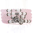Lovely Multilayer Round Pink Candy Jade And White Porcelain Beads Stretch Bangle Bracelet With Tibet Silver Elephant Charms