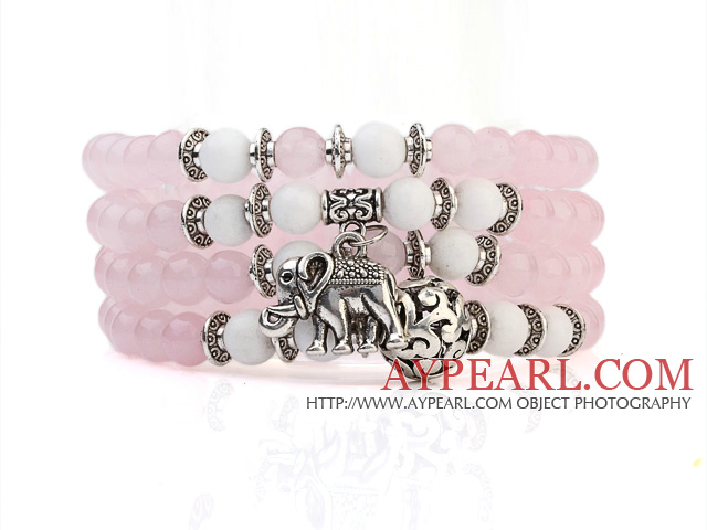 Lovely Multilayer Round Pink Candy Jade And White Porcelain Beads Stretch Bangle Bracelet With Tibet Silver Elephant Charms