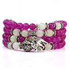 Wholesale Lovely Multilayer Round Rose And White Candy Jade Stretch Bangle Bracelet With Tibet Silver Elephant Charms