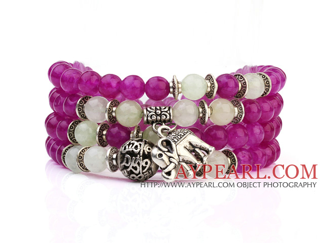 Lovely Multilayer Round Rose And White Candy Jade Stretch Bangle Bracelet With Tibet Silver Elephant Charms