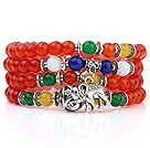 Wholesale Lovely Multilayer Round Orange And Colorful Candy Jade Stretch Bangle Bracelet With Tibet Silver Elephant Charms