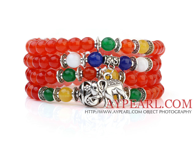 Lovely Multilayer Round Orange And Colorful Candy Jade Stretch Bangle Bracelet With Tibet Silver Elephant Charms