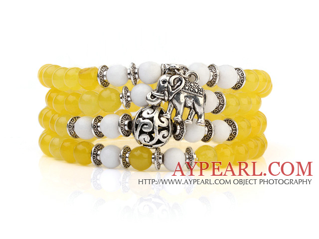 Lovely Multilayer Round Yellow Candy Jade And White Porcelain Beads Stretch Bangle Bracelet With Tibet Silver Elephant Charms