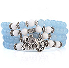 Lovely Multilayer Round Sky Blue Candy Jade And White Porcelain Beads Stretch Bangle Bracelet With Tibet Silver Elephant Charms