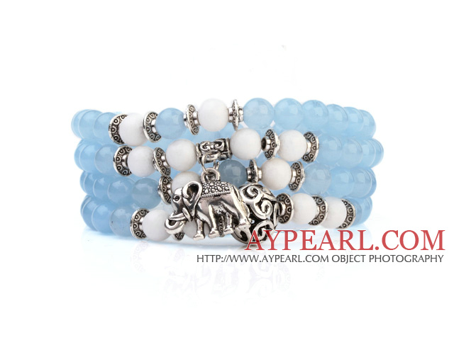 Härlig Multilayer Round Sky Blue Candy Jade och vitt porslin pärlor Stretch ARMRING armband med Tibet Silver Elephant Charms