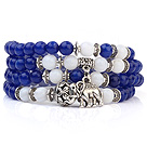 Nydelig multi Round Deep Blue Candy Jade og hvitt porselen Perler Stretch Bangle armbånd med Tibet Silver Elephant Charms