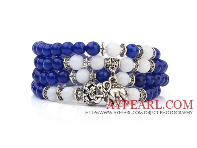 Lovely Multilayer Round Deep Blue Candy Jade And White Porcelain Beads Stretch Bangle Bracelet With Tibet Silver Elephant Charms