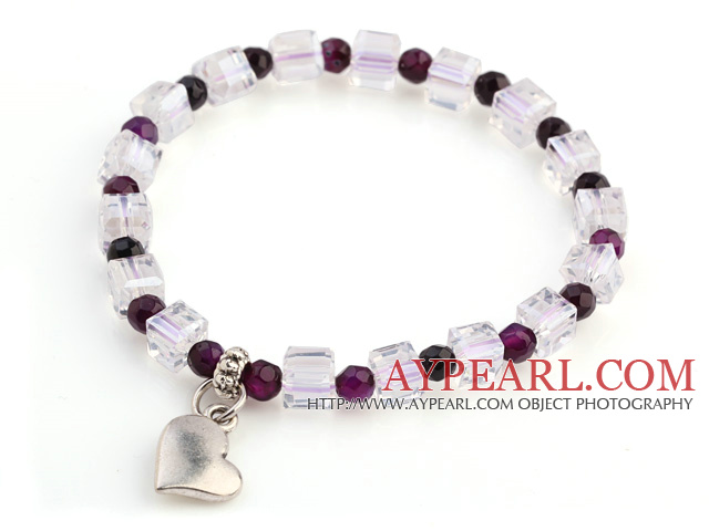 Nydelig Fasettert Round Purple Agate And White Square Crystal perler armbånd med hjerte sjarm